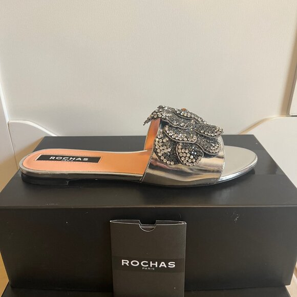 Women’s Rochas Silver Luxury Sandals Flats, Black & Silver Rhinestones 7.5 US - Picture 3 of 5